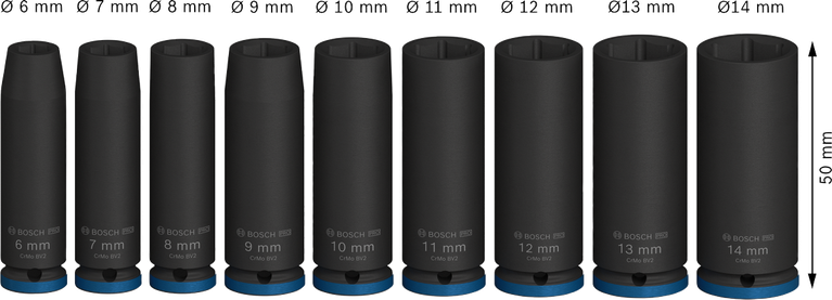 Jogo de soquetes de impacto Bosch PRO com 1/4 de polegada de profundidade, 9 peças.